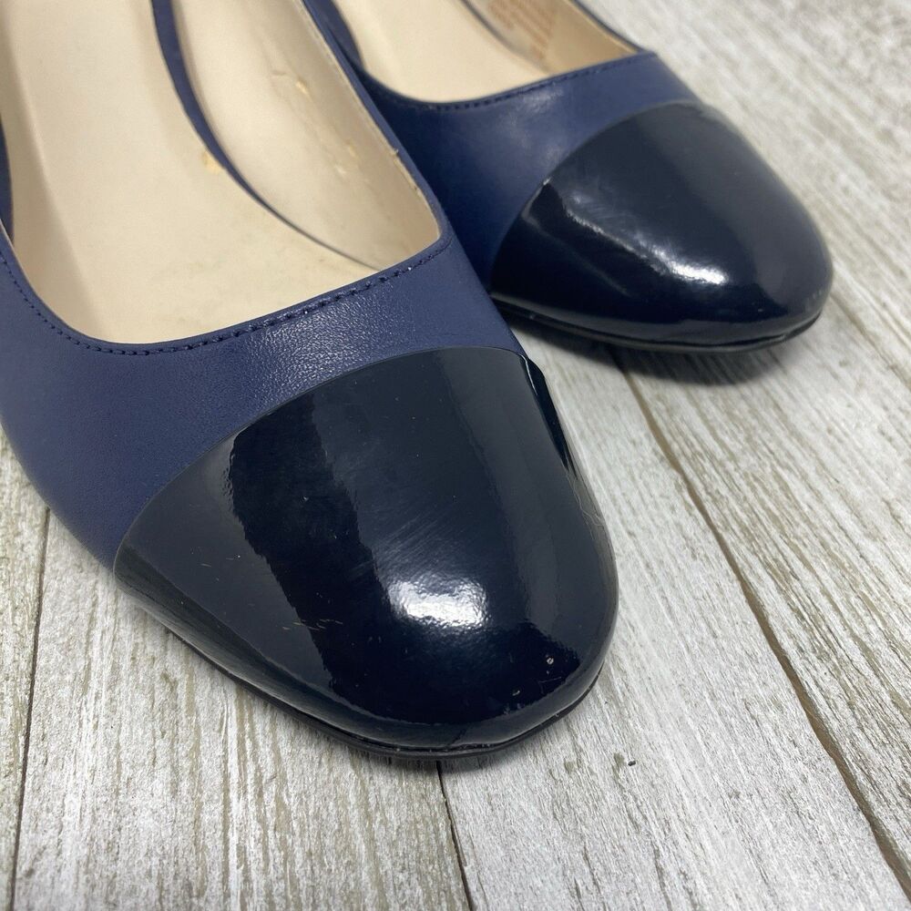 Cole Haan Dawna Pumps Navy Blue Leather Block Heel Cap Toe Black Shoes Size 6 B - Picture 9 of 11